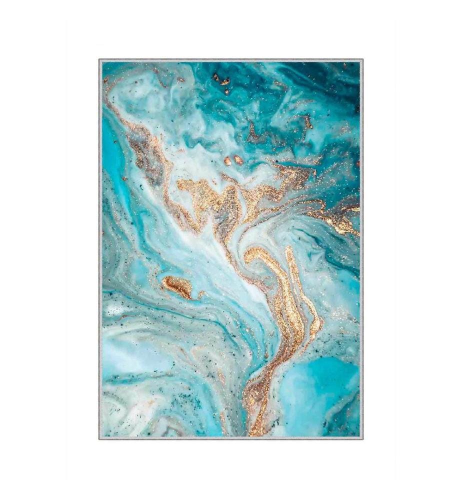Teppich, Weiss, Gold, Türkis, Blau, 100% Polyester, 50 x 80 cm