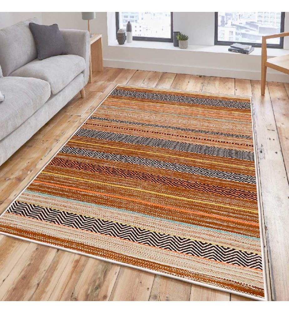 Tapis, crème, orange, jaune, bleu, noir, 100% coton, 60 x 100 cm