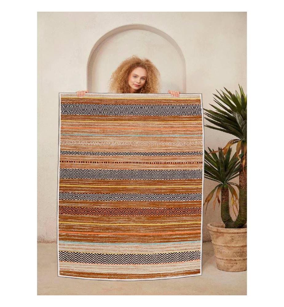 Tapis, crème, orange, jaune, bleu, noir, 100% coton, 60 x 100 cm