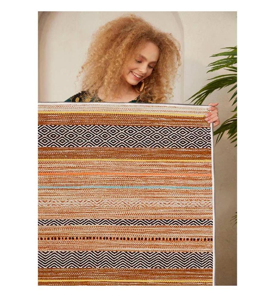 Tapis, crème, orange, jaune, bleu, noir, 100% coton, 60 x 100 cm