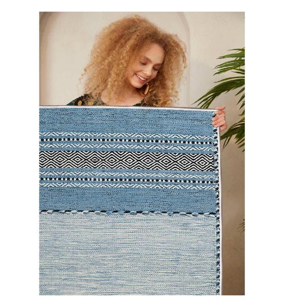 Tappeto, crema, blu, nero, 100% cotone, 80 x 50 cm