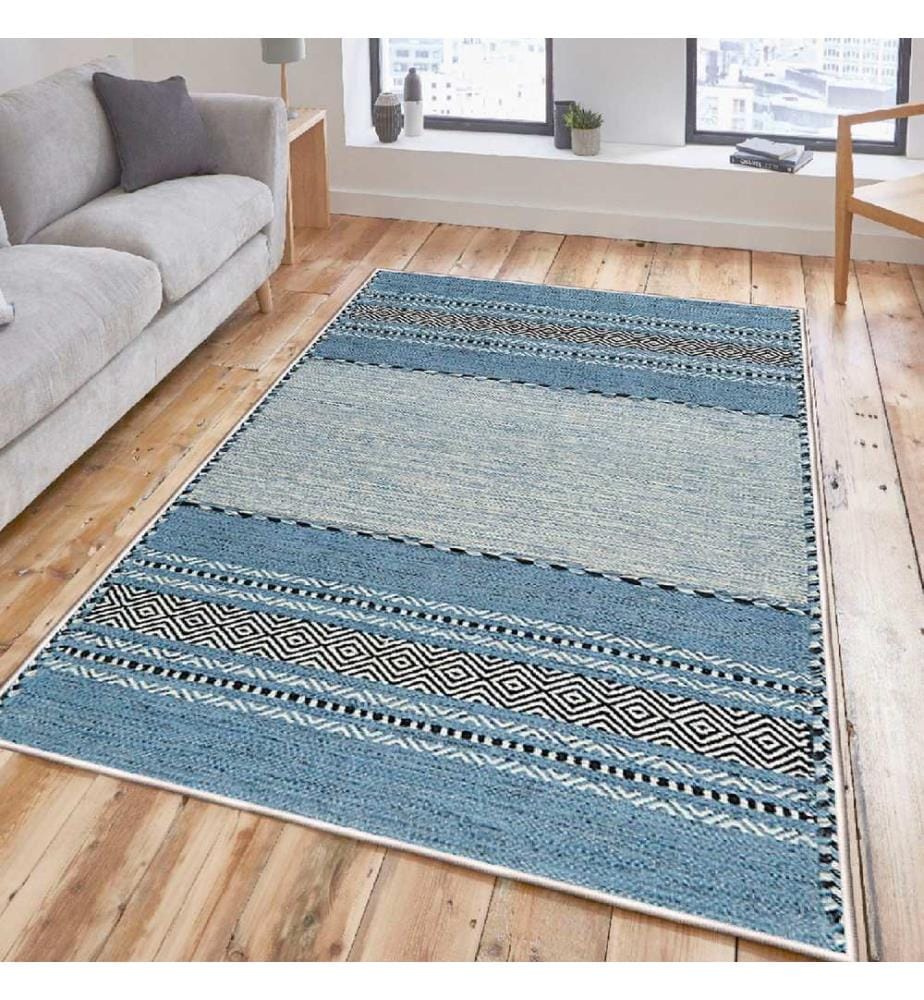 Tappeto, Crema, Blu, Nero, 100% Cotone, 60 x 100 cm