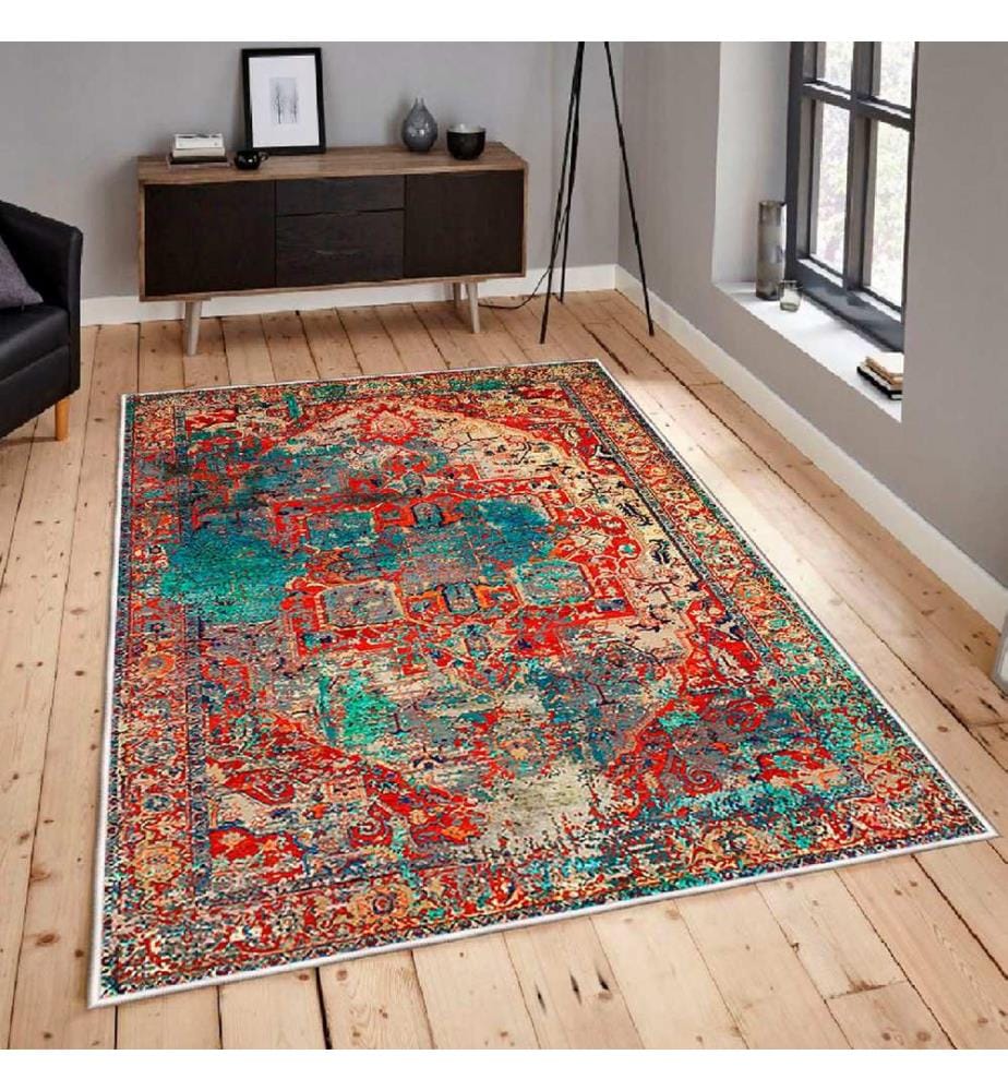 Tappeto, Crema, Rosso, Arancione, Blu, Nero, 100% cotone, 80 x 50 cm