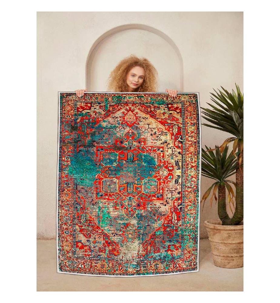 Tappeto, Crema, Rosso, Arancione, Blu, Nero, 100% cotone, 80 x 50 cm