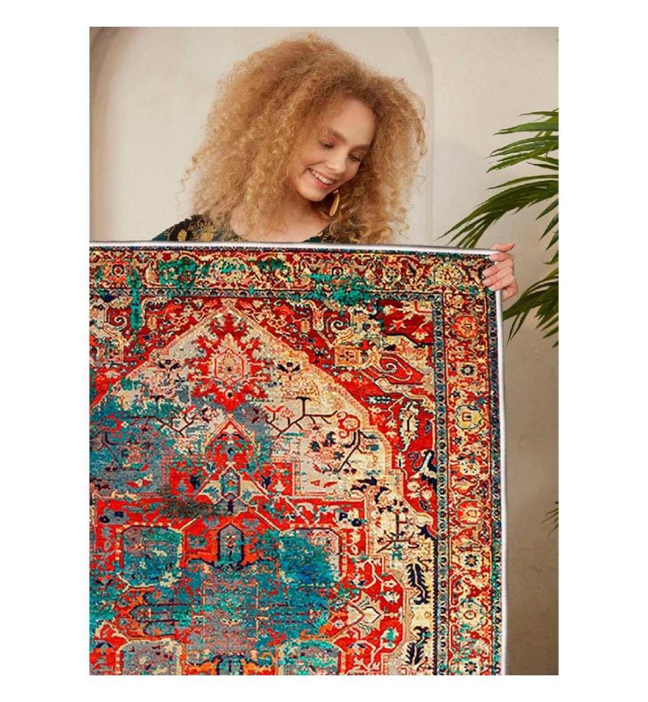 Tappeto, Crema, Rosso, Arancione, Blu, Nero, 100% cotone, 80 x 50 cm