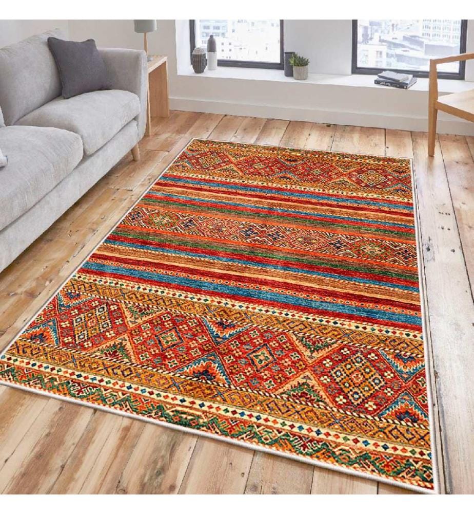 Tappeto, Crema, Rosso, Arancione, Cammello, Blu, 100% Cotone, 60 x 100 cm