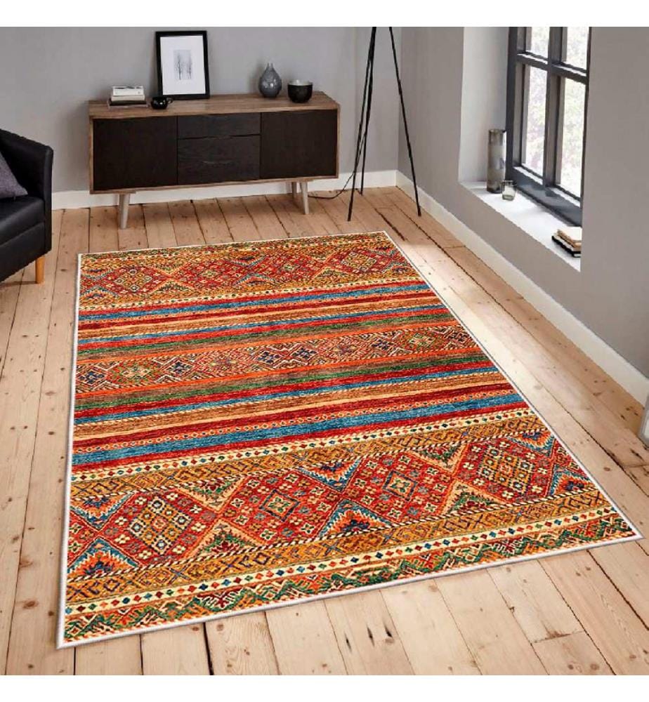 Tappeto, Crema, Rosso, Arancione, Cammello, Blu, 100% Cotone, 60 x 100 cm