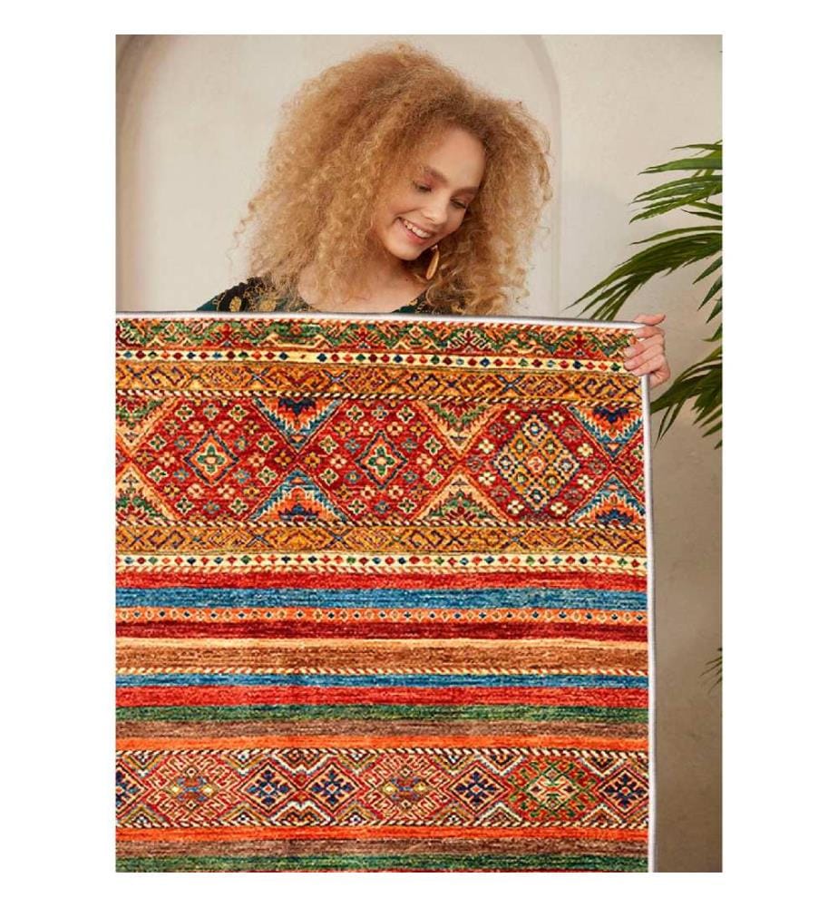 Tappeto, Crema, Rosso, Arancione, Cammello, Blu, 100% Cotone, 60 x 100 cm