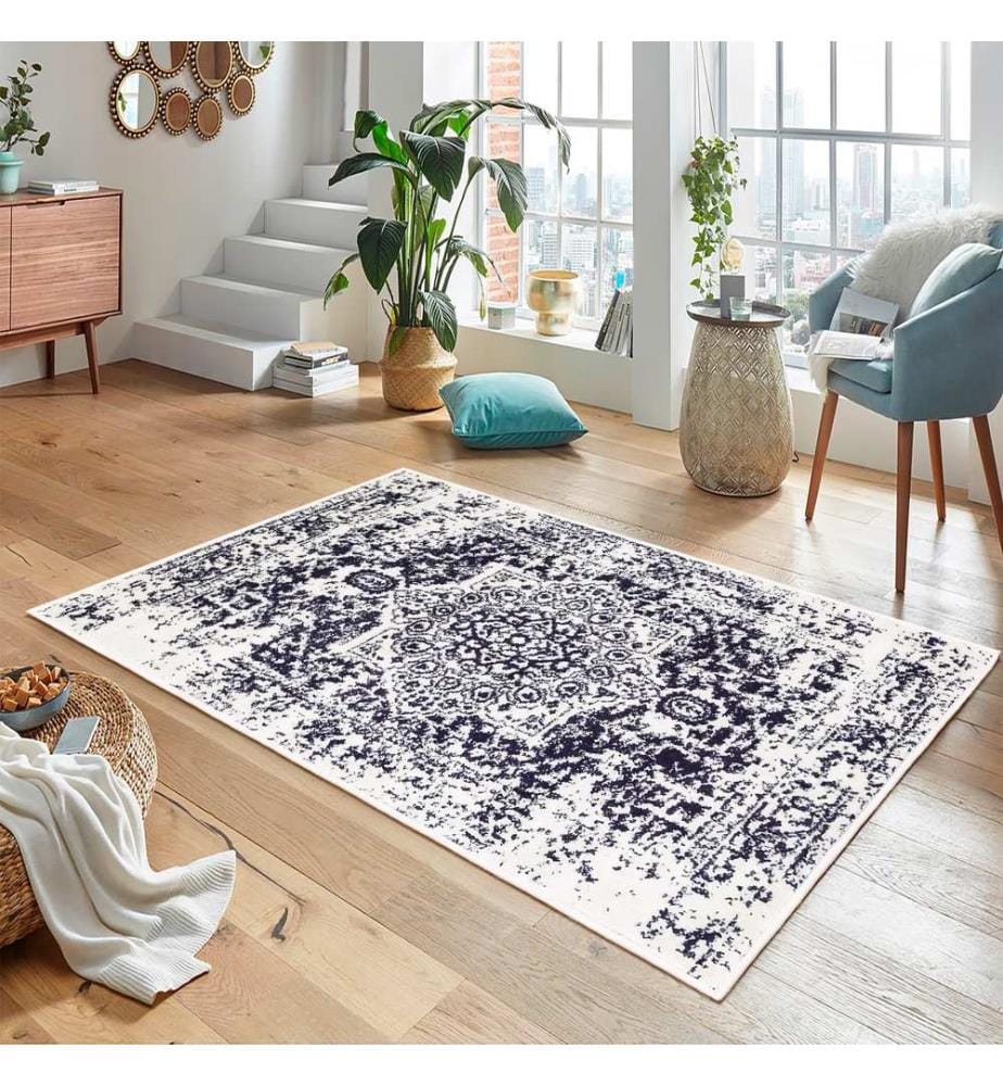 Teppich, Weiss, Marineblau, 70% Baumwolle / 30% Chenille, 80 x 50 cm