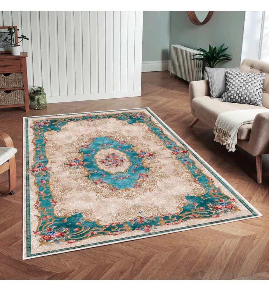 Teppich, Creme, Blau, 70% Baumwolle / 30% Chenille, 80 x 50 cm