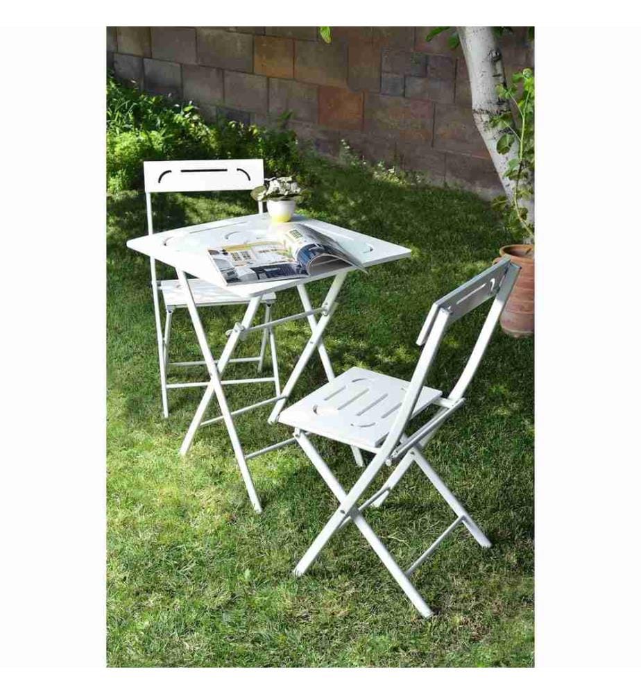 Gartentisch & Stühle Set, 3 Stück, Weiss, MDF, Metallbeine