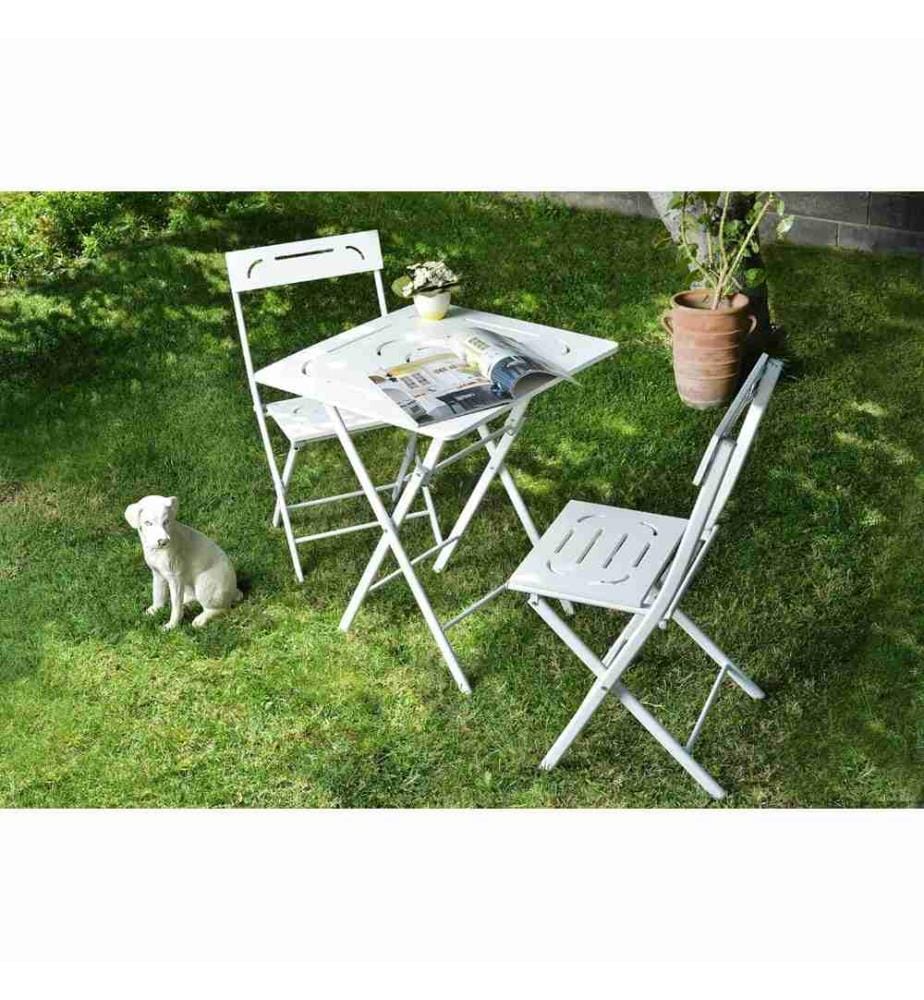 Gartentisch & Stühle Set, 3 Stück, Weiss, MDF, Metallbeine