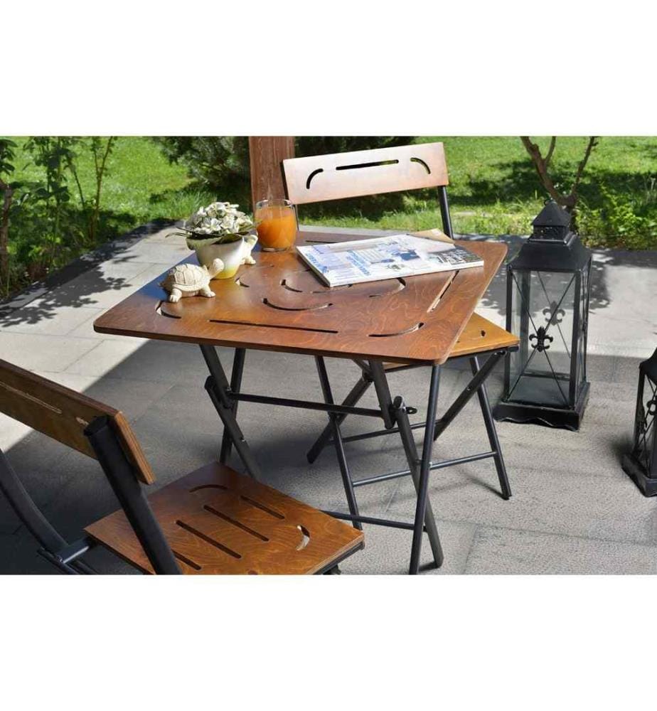 Gartentisch & Stühle Set, 3-teilig, Nussbaum schwarz, MDF, Metallbeine