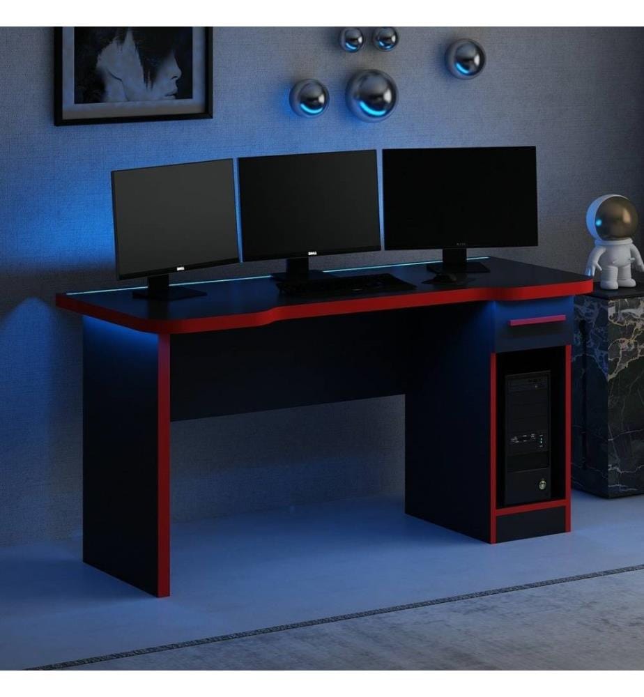 Gaming-Schreibtisch, Schwarz, Rot, Melaminbeschichtete Spanplatte