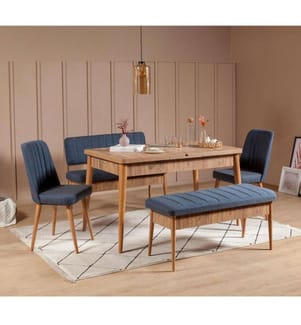 Table & Chairs Set, 5 Pieces, Atlantic Pine Dark Blue, Melamine Coated Particle Board, Polyester Fabric Material