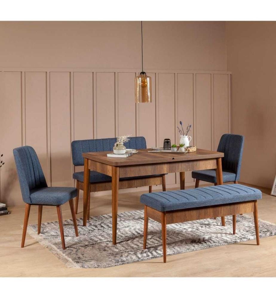 Table & Chairs Set, 5 Pieces, Walnut Dark Blue, Melamine Coated Particle Board, Polyester Fabric Material