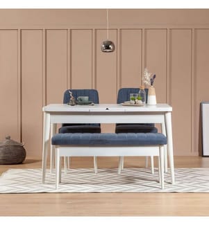 Table & Chairs Set, 4 Pieces, White Dark Blue, Melamine Coated Particle Board, Velvet Fabric Material