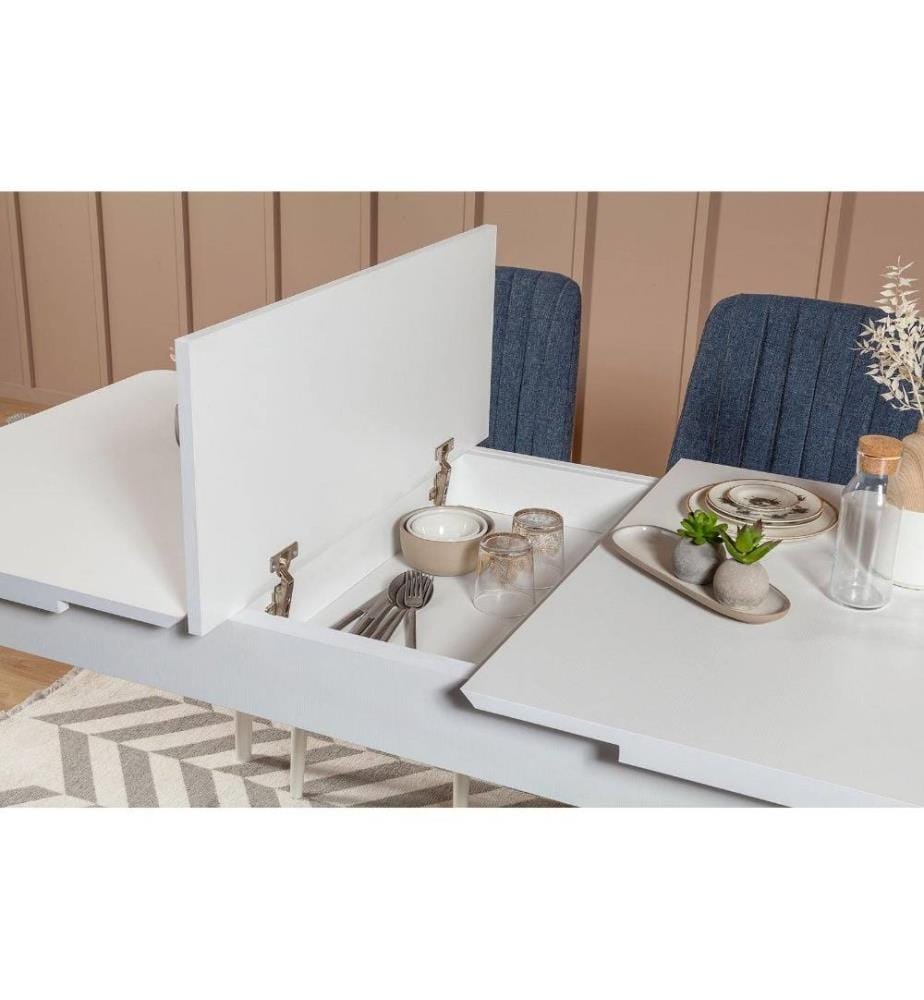 Ensemble table et chaises, 4 pièces, blanc bleu foncé, panneau de particules mélaminé, tissu velours