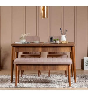Table & Chairs Set, 4 Pieces, Walnut Stone, Melamine Coated Particle Board, Polyester Fabric Material