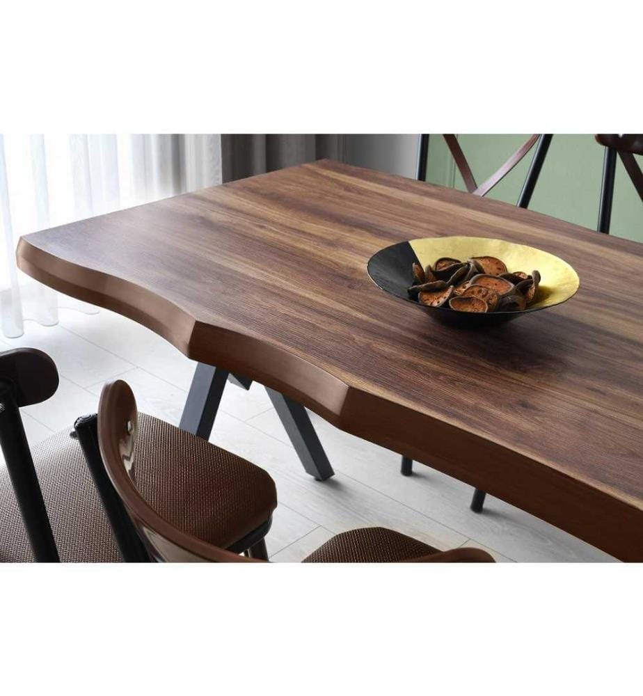 Table de salle à manger, noyer, panneau de particules mélaminé, pieds en métal