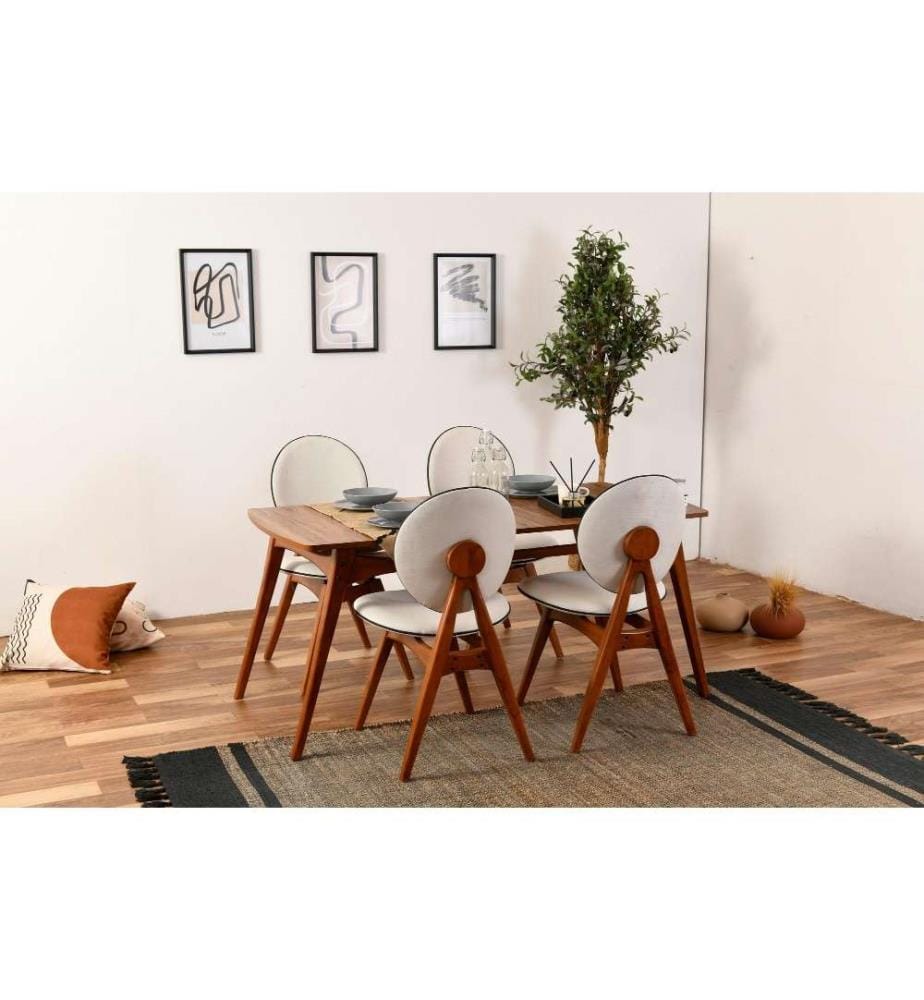 Tisch & Stühle Set, 5 Stück, Nussbaum creme, Gestell aus Hainbuchenholz, Leinenstoff