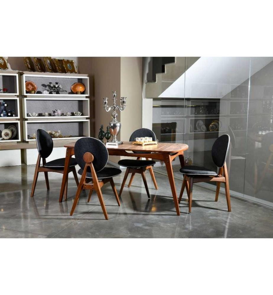 Table & Chairs Set, 5 Pieces, Walnut Anthracite, Hornbeam Wood Frame, Linen Fabric