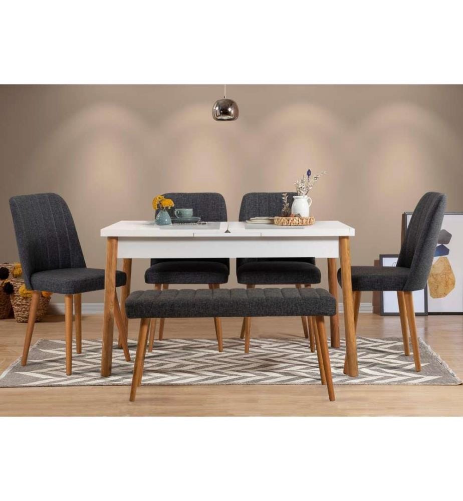 Tisch & Stühle Set, 6-teilig, Atlantikkiefer Weiss Anthrazit, Melaminbeschichtete Spanplatte
