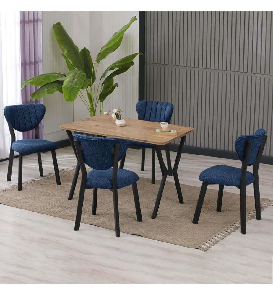 Extendable Dining Table & Chairs Set, 5 Pieces, Navy Blue, Walnut, 100% MELAMINE COATED CHIPBOARD