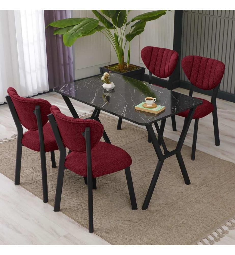 Extendable Dining Table & Chairs Set, 5 Pieces, Burgundy, Black, 100% MELAMINE COATED CHIPBOARD