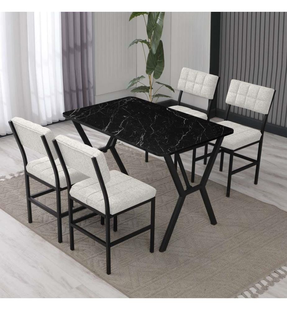 Table de salle à manger extensible avec chaises, 5 pièces, Crème, Noir, 100 % panneau de particules mélaminé
