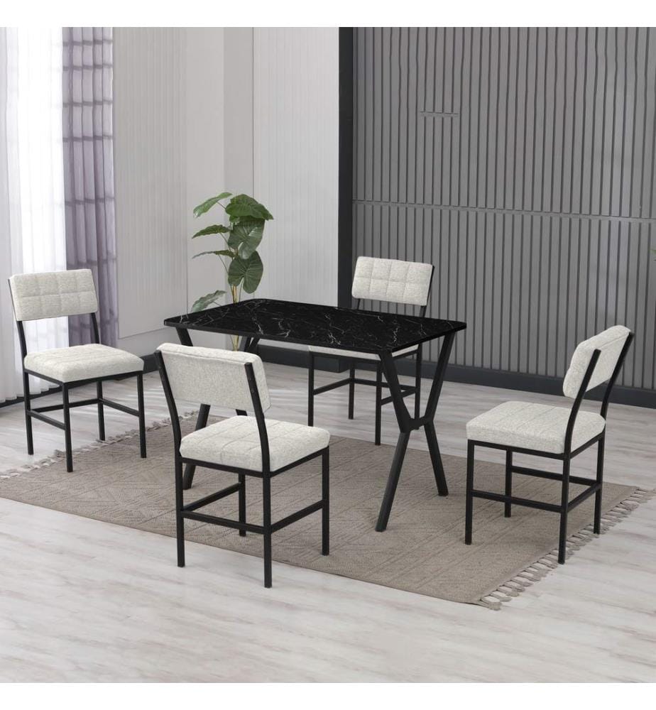 Table de salle à manger extensible avec chaises, 5 pièces, Crème, Noir, 100 % panneau de particules mélaminé