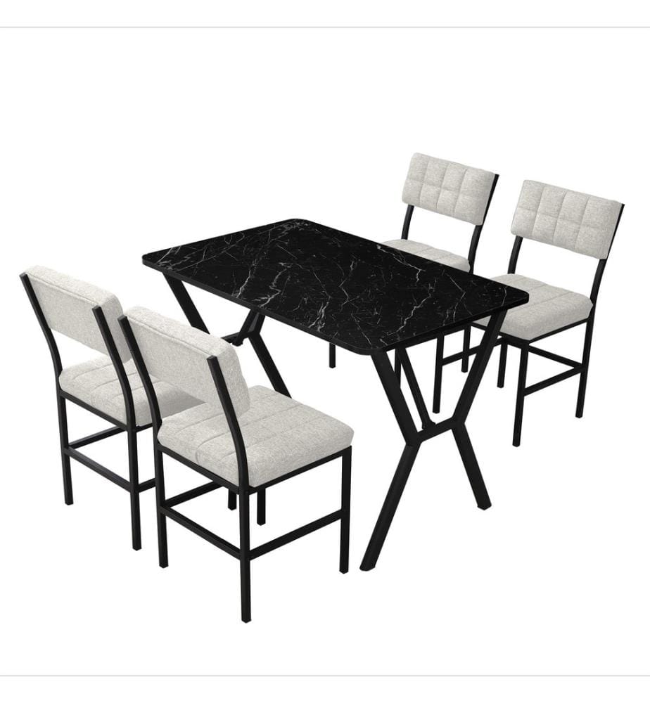 Table de salle à manger extensible avec chaises, 5 pièces, Crème, Noir, 100 % panneau de particules mélaminé