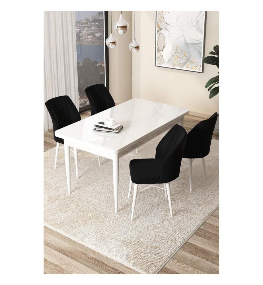 Ensemble de salle à manger avec table et chaises, 5 pièces, blanc, noir, 100 % panneau de particules mélaminé