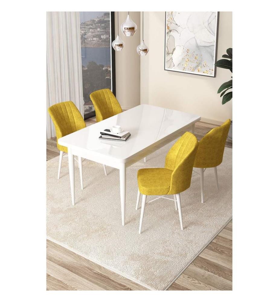 Set tavolo e sedie da pranzo, 5 pezzi, bianco, senape, 100% truciolato rivestito in melamina