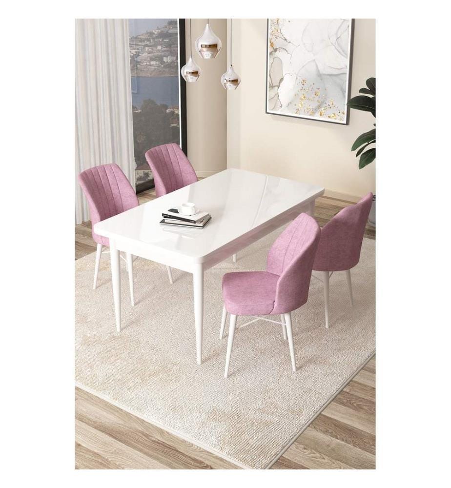 Ensemble de salle à manger avec table et chaises, 5 pièces, blanc, rose, 100 % panneau de particules mélaminé