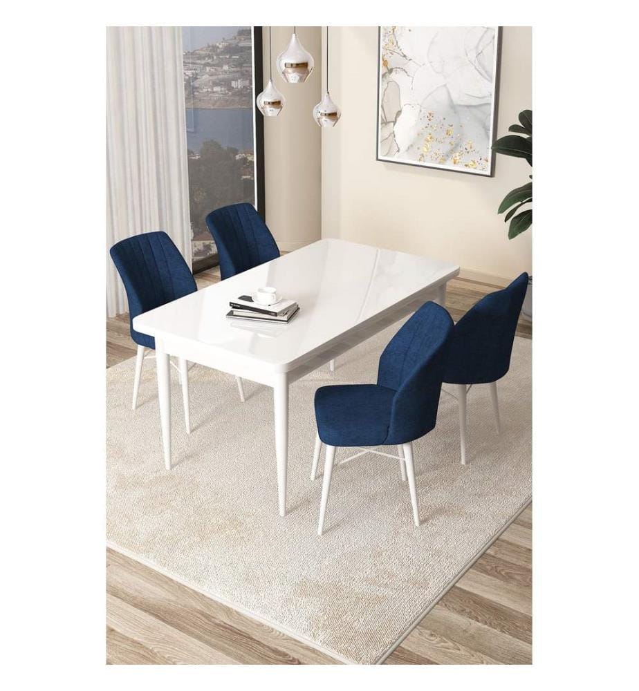 Set tavolo e sedie da pranzo, 5 pezzi, bianco, blu navy, 100% truciolato rivestito in melamina