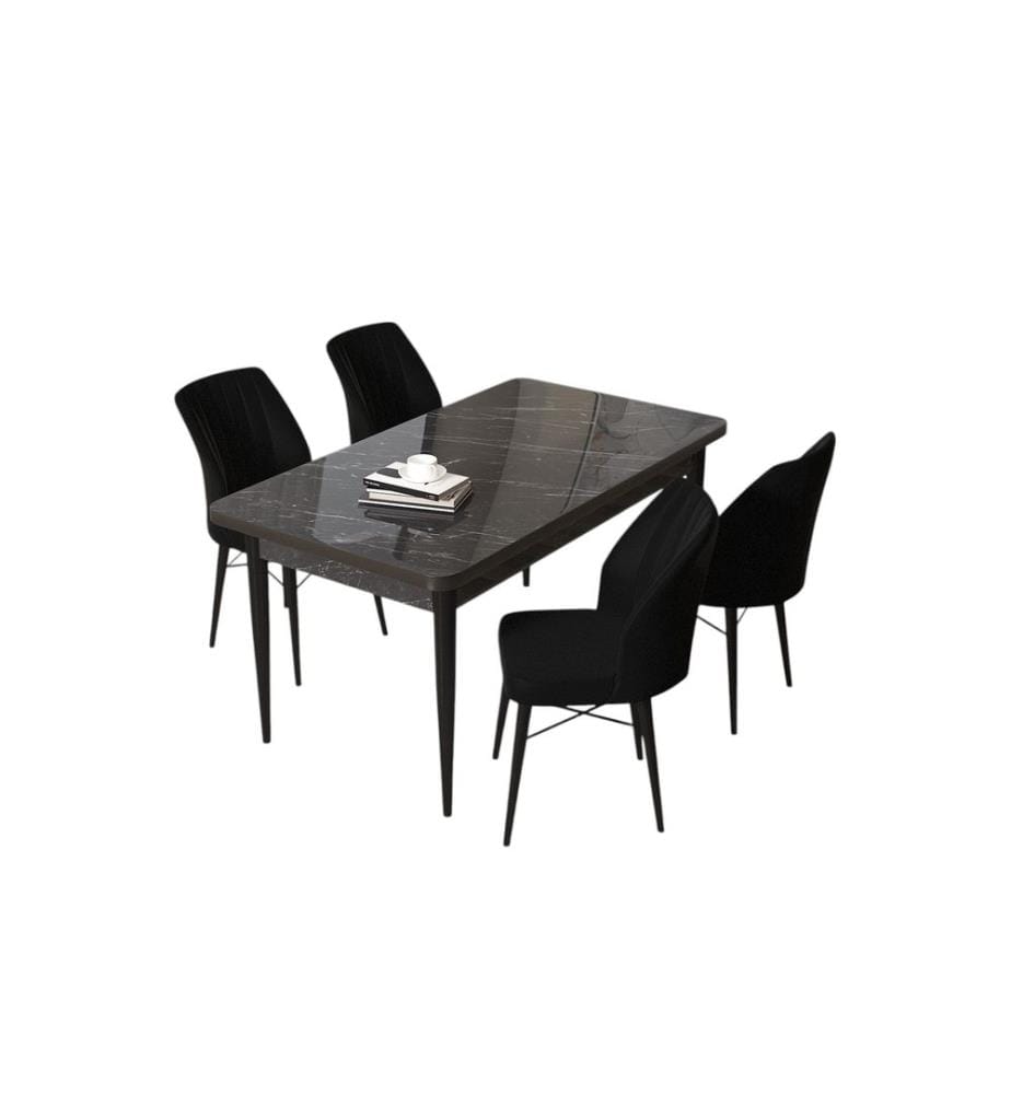 Set tavolo e sedie da pranzo, 5 pezzi, marmo nero, nero, truciolato 100% melaminico