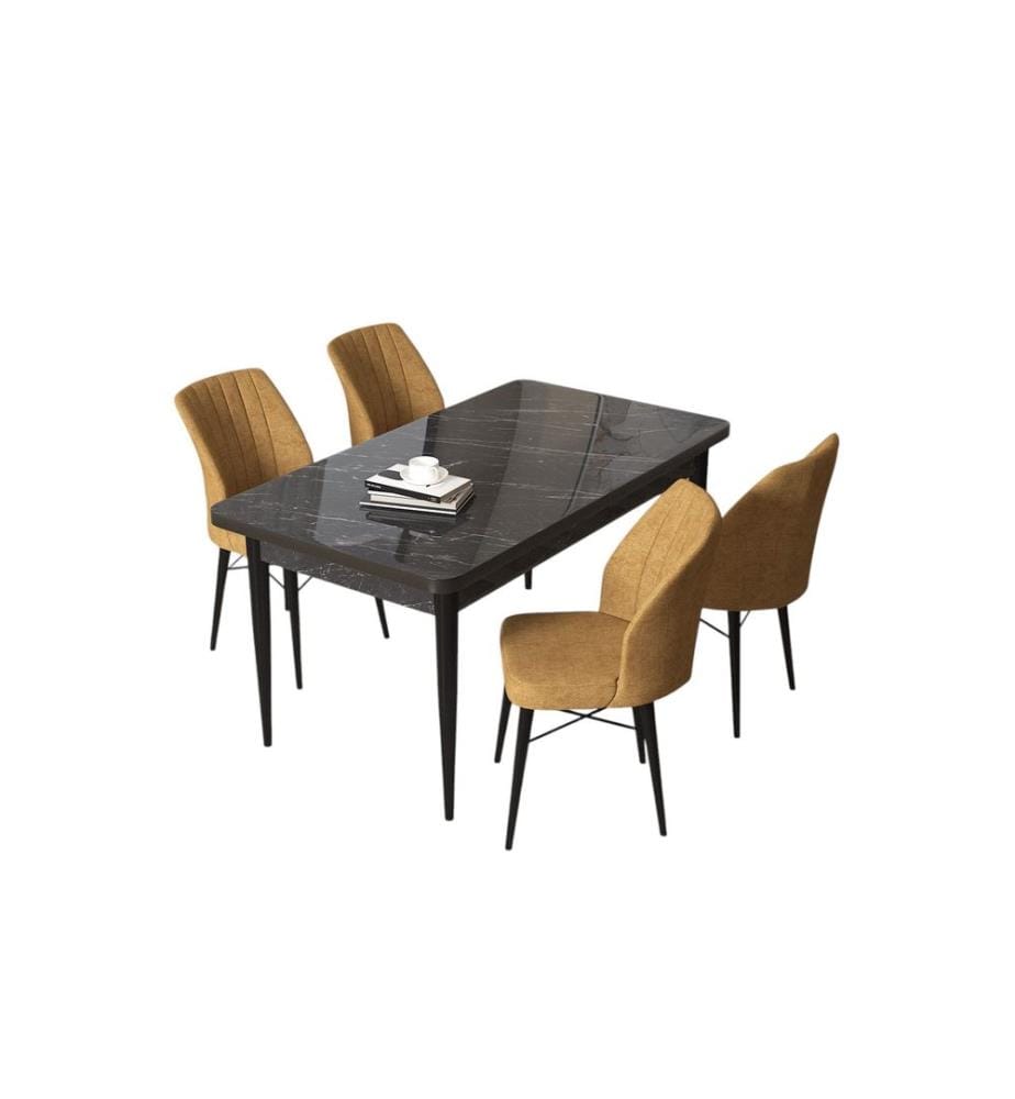 Ensemble de salle à manger avec table et chaises, 5 pièces, marbre noir, cappuccino, 100 % panneau de particules mélaminé