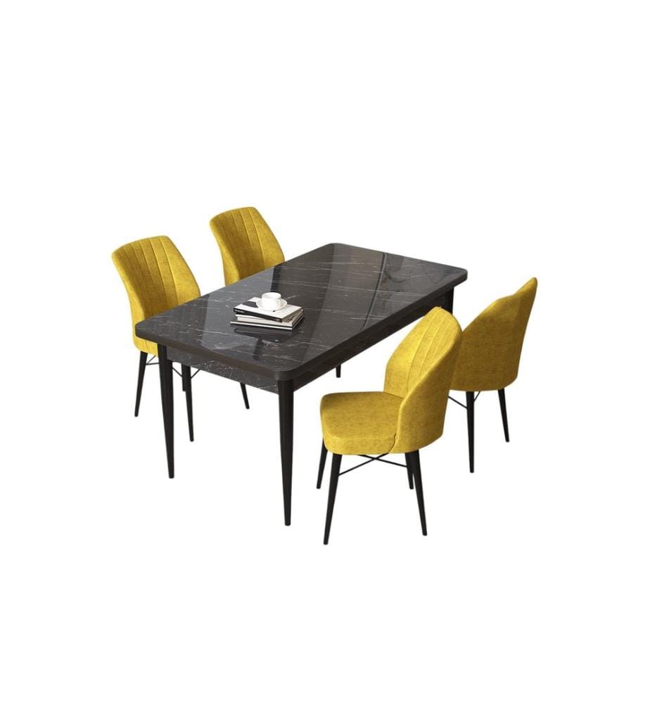 Ensemble de salle à manger avec table et chaises, 5 pièces, Marbre noir, jaune moutarde, 100 % panneau de particules mélaminé