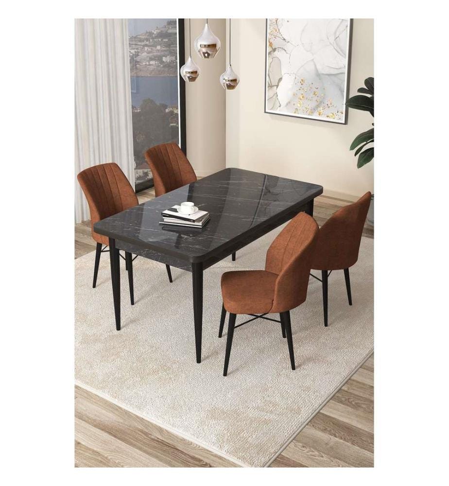 Ensemble de salle à manger avec table et chaises, 5 pièces, marbre noir, rouge carrelage, 100 % panneau de particules mélaminé