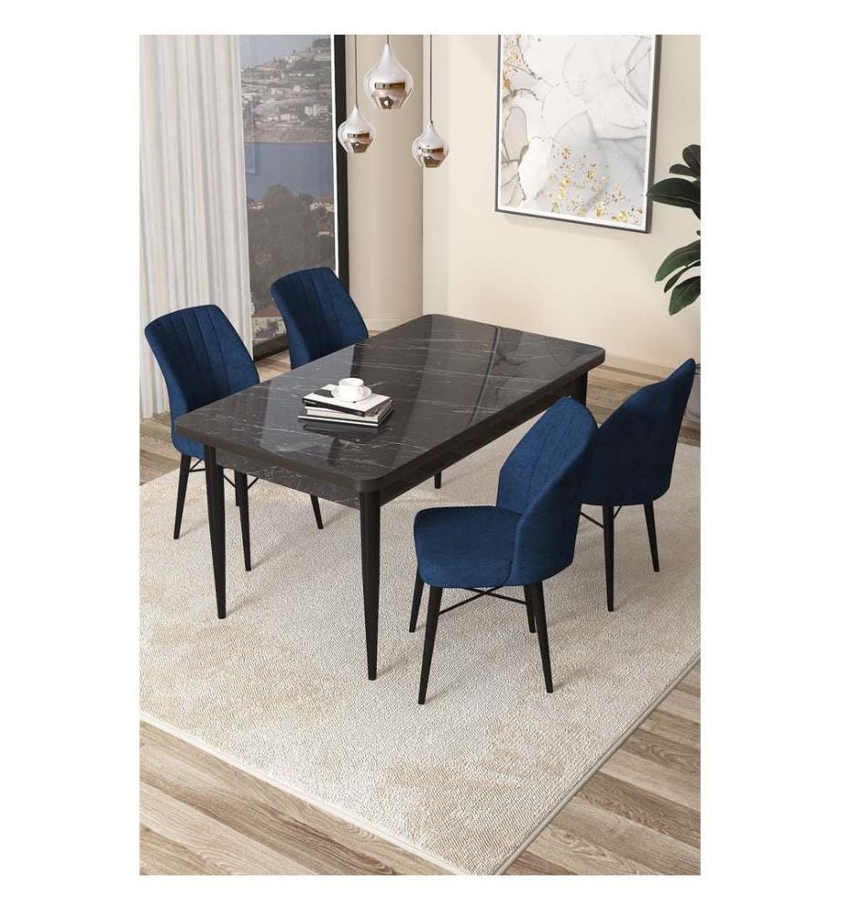 Ensemble de salle à manger avec table et chaises, 5 pièces, marbre noir, bleu marine, 100 % panneau de particules mélaminé