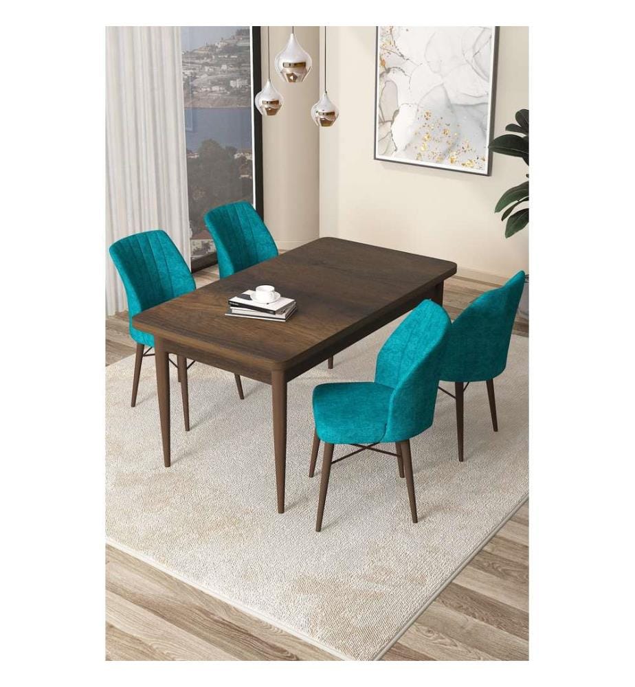 Ensemble de salle à manger avec table et chaises, 5 pièces, baroque, turquoise, 100 % panneau de particules mélaminé