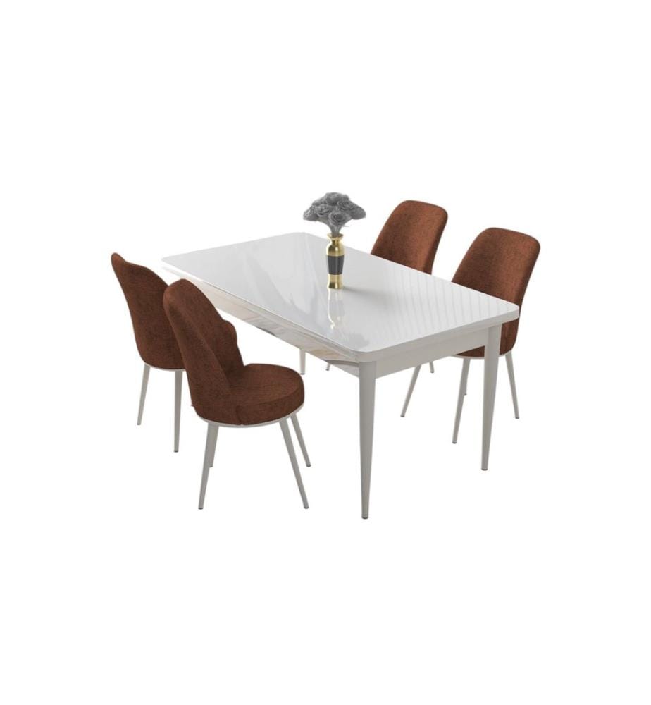 Ensemble de salle à manger avec table et chaises, 5 pièces, blanc, rouge carrelage, 100 % panneau de particules mélaminé