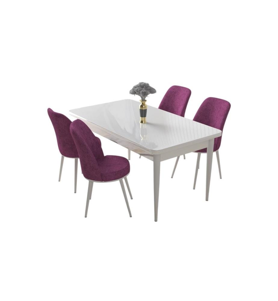 Ensemble de salle à manger avec table et chaises, 5 pièces, blanc, violet, 100 % panneau de particules mélaminé