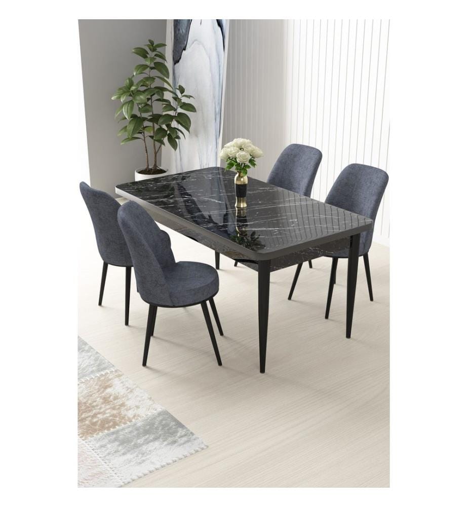 Essgruppe mit Tisch und Stühlen, 5-teilig, Schwarzer Marmor, Rauchglas, 100 % melaminbeschichtete Spanplatte