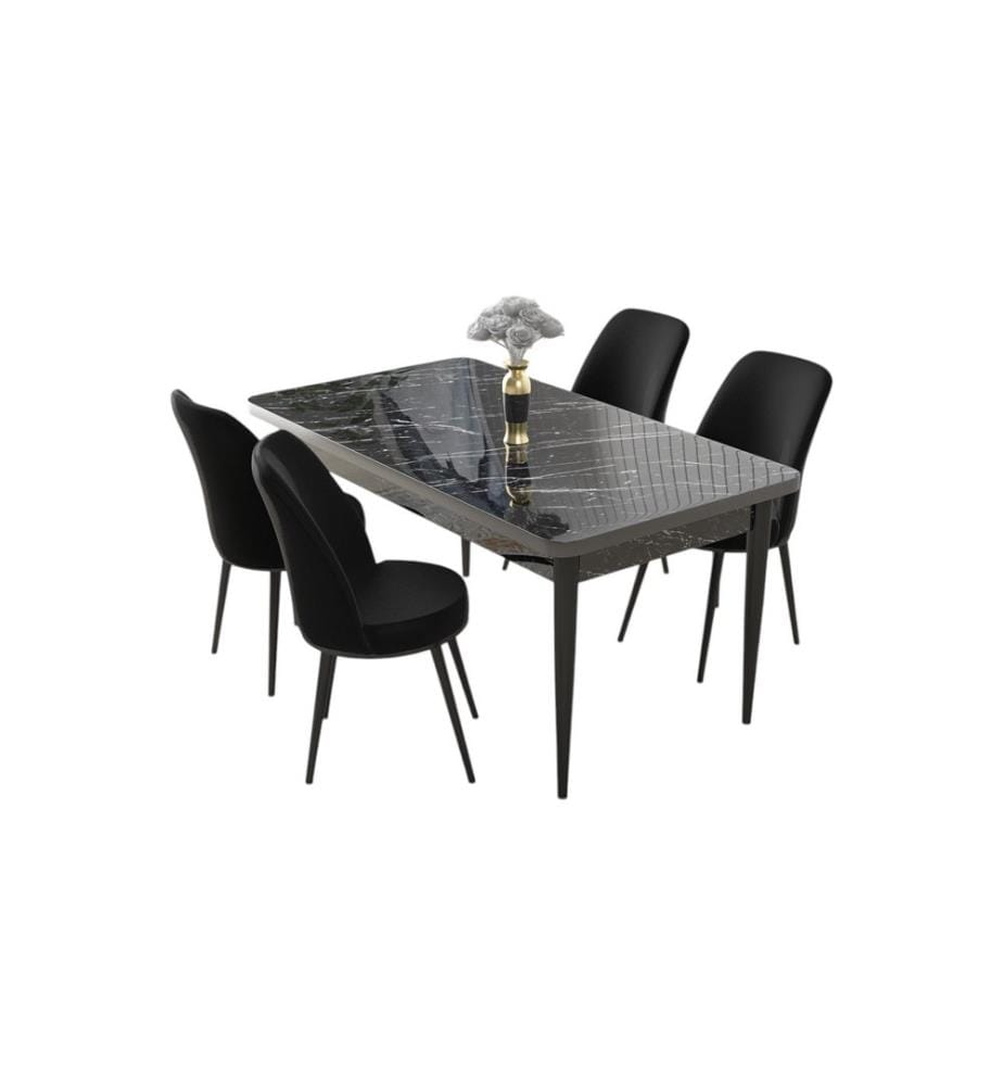 Set tavolo e sedie da pranzo, 5 pezzi, marmo nero, nero, truciolato 100% melaminico