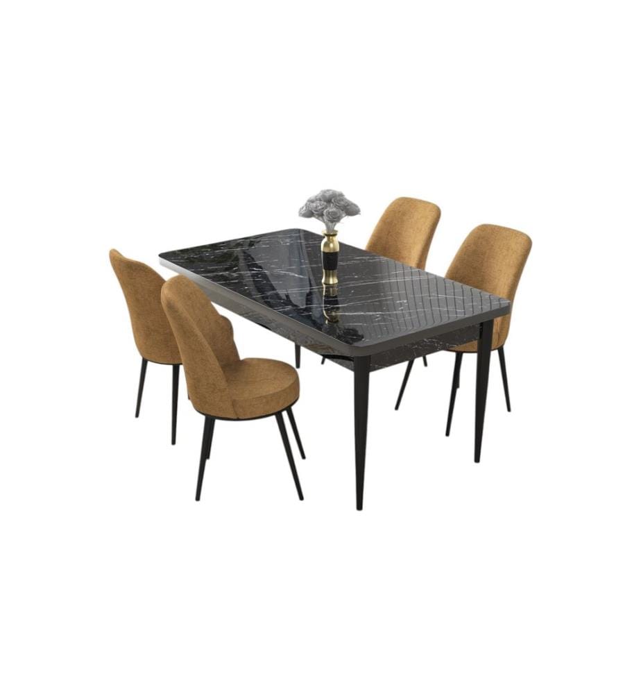 Ensemble de salle à manger avec table et chaises, 5 pièces, marbre noir, cappuccino, 100 % panneau de particules mélaminé