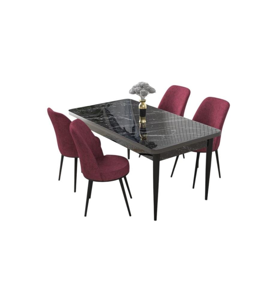 Ensemble de salle à manger avec table et chaises, 5 pièces, marbre noir, rouge bourgogne, 100 % panneau de particules mélaminé