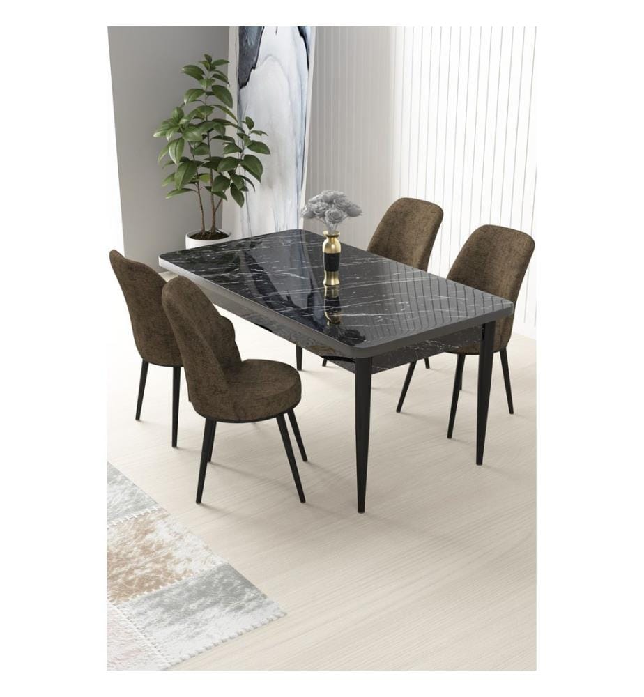 Ensemble de salle à manger avec table et chaises, 5 pièces, marbre noir, marron, 100 % panneau de particules mélaminé