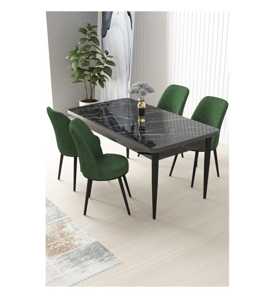 Essgruppe mit Tisch und Stühlen, 5-teilig, Schwarzer Marmor, Khaki, 100 % melaminbeschichtete Spanplatte